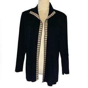 Exclusively Misook Black Cardigan Jacket with Checkered Trim